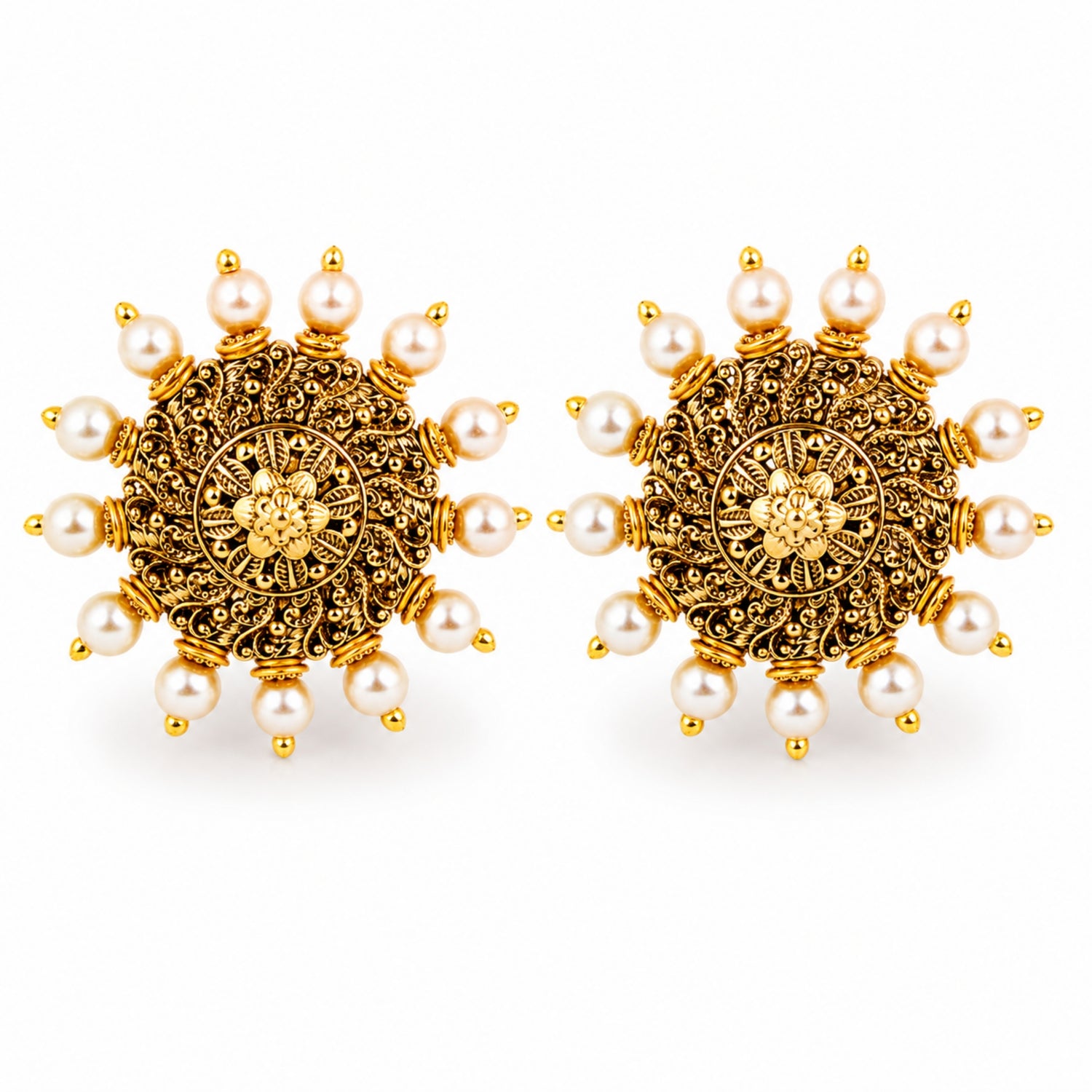 The Padma Pearl Mandala Studs – 925 Sterling Silver (Antique Gold Finish)