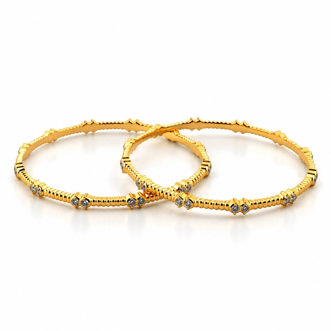 The Imperial Corrugated Ribbon Twin-Stone Bangles (Set of 2 in 925 Sterling Silver with Premium 24K Gold Polish)