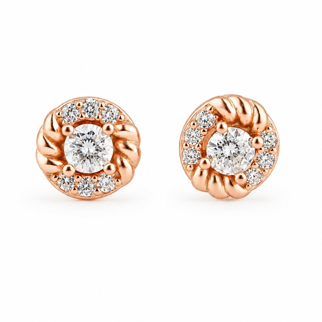 Rose Gold Twisted Rope Solitaire Halo Stud Earrings