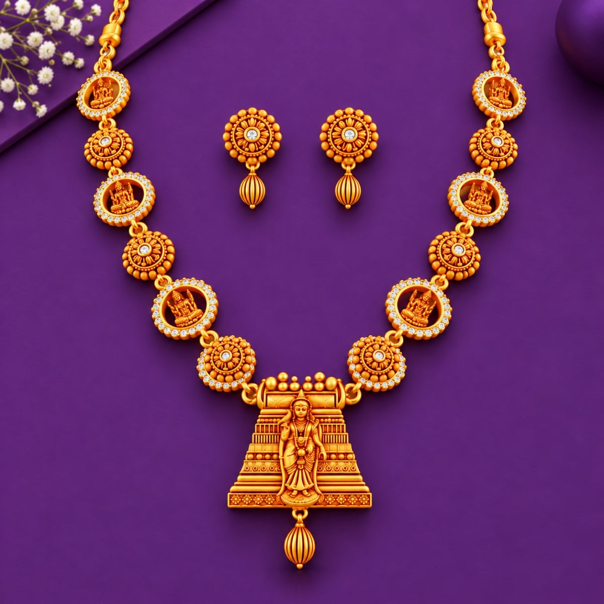 Sacred Gopuram Heritage 925 Silver Necklace Set