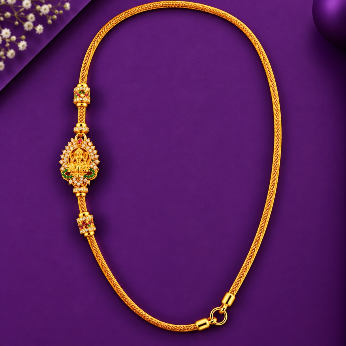 Goddess Lakshmi White CZ Halo 925 Sterling Silver Gold Plated Thali Chain