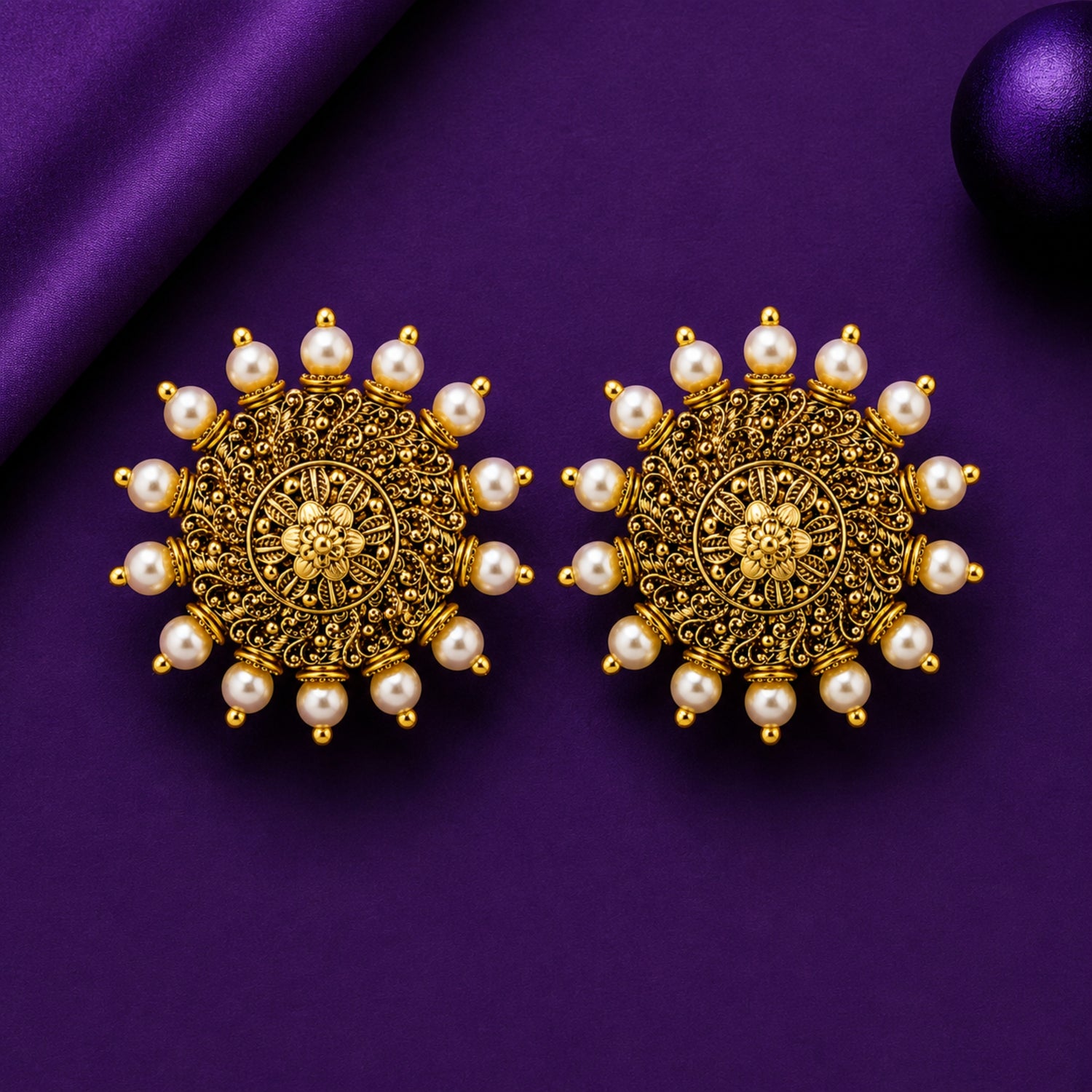 The Padma Pearl Mandala Studs – 925 Sterling Silver (Antique Gold Finish)