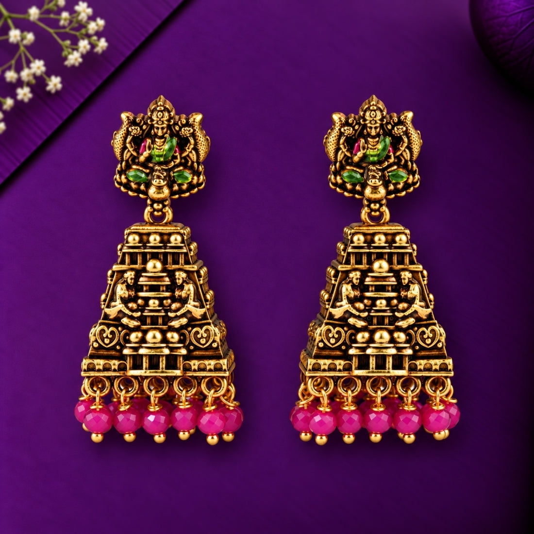 The Lakshmi Gopuram Fuchsia Heritage Jhumkas