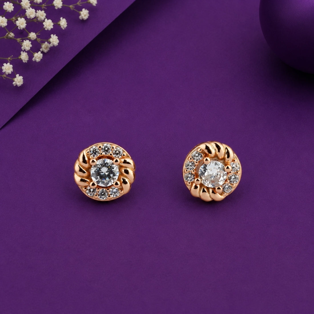Rose Gold Twisted Rope Solitaire Halo Stud Earrings