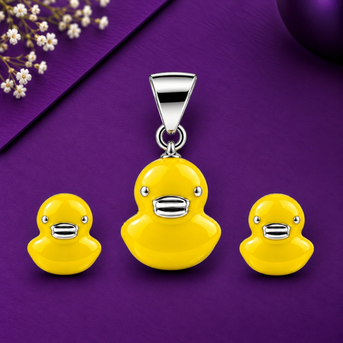 Dapper Duckling 925 Sterling Silver Yellow Enamel Pendant & Stud Earring Set for Kids