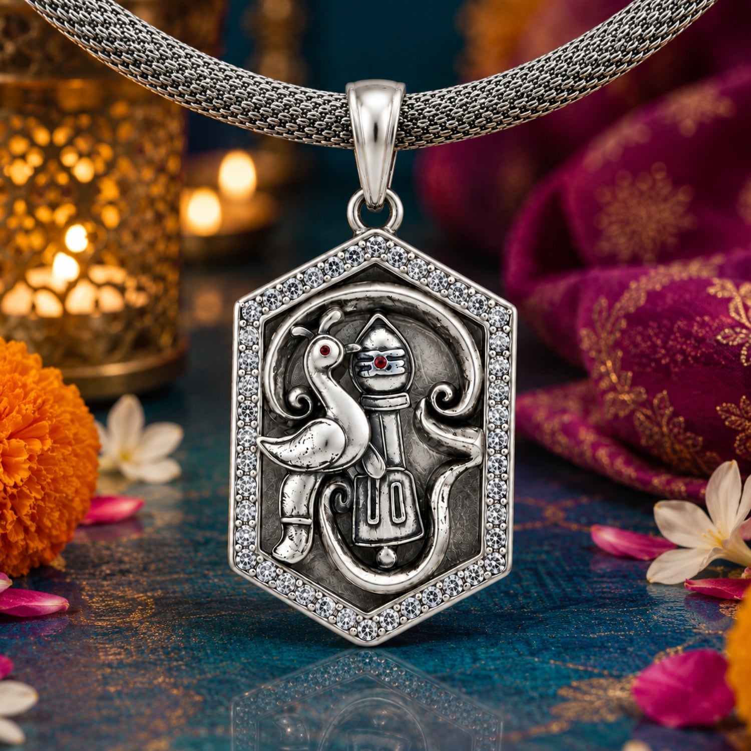 The 925 Sterling Silver Sacred Vel Peacock Geometric Pendant