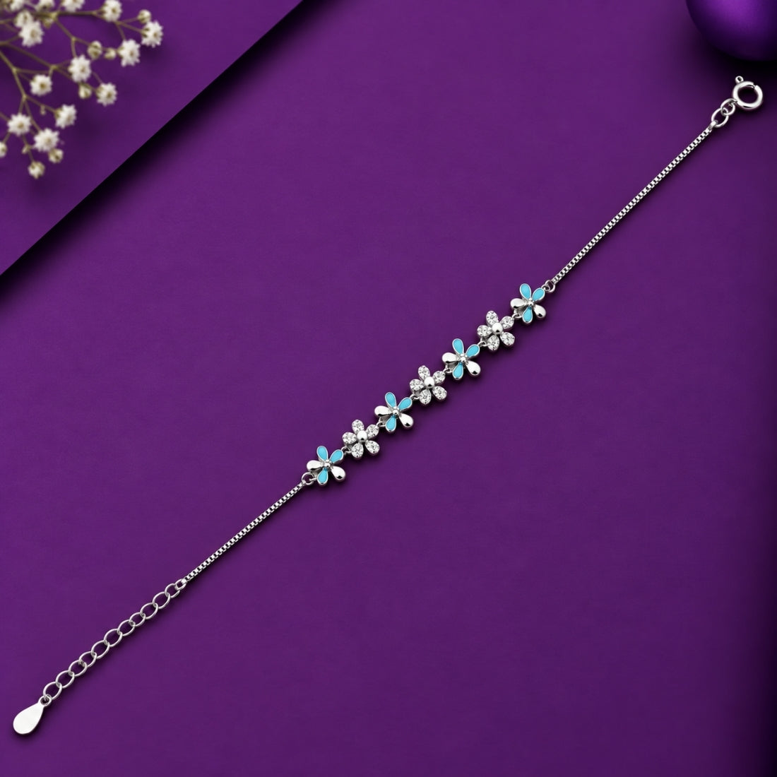The Forget-Me-Not – 925 Sterling Silver Blue & White Flower Garland Bracelet