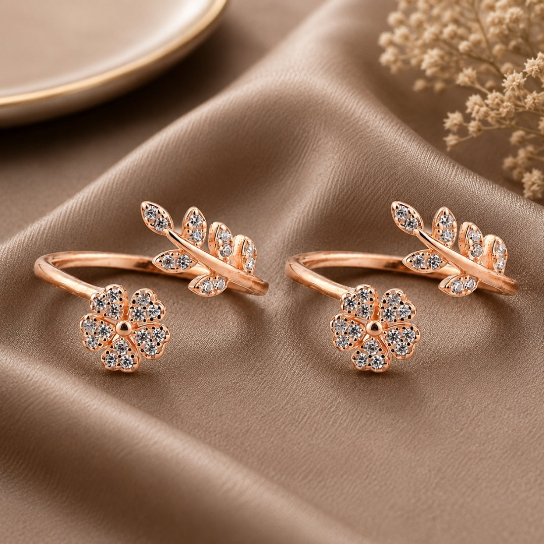 Rose Gold Flora & Vine Pavé Bypass Toe Rings (Pair)
