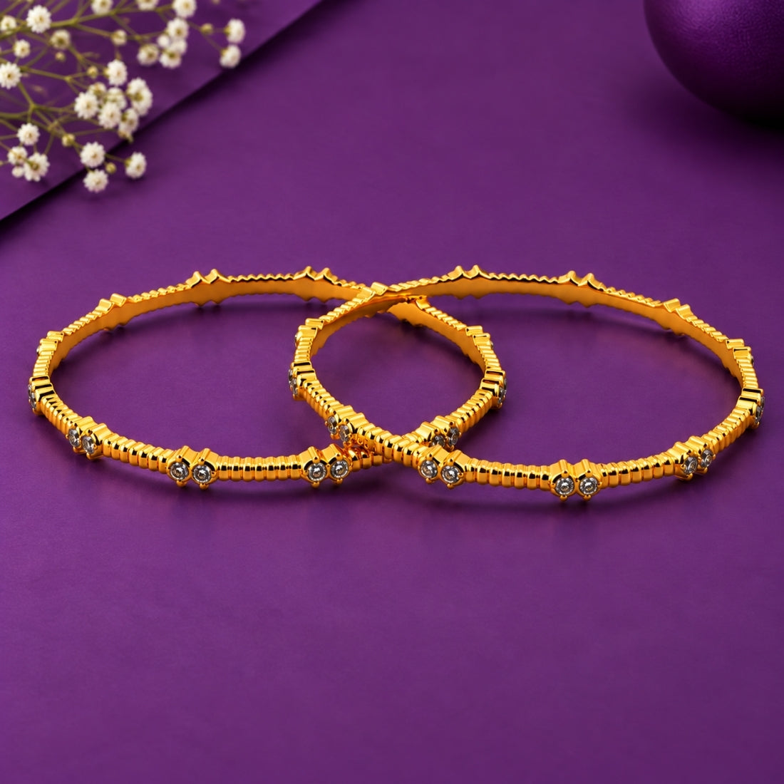 The Imperial Corrugated Ribbon Twin-Stone Bangles (Set of 2 in 925 Sterling Silver with Premium 24K Gold Polish)