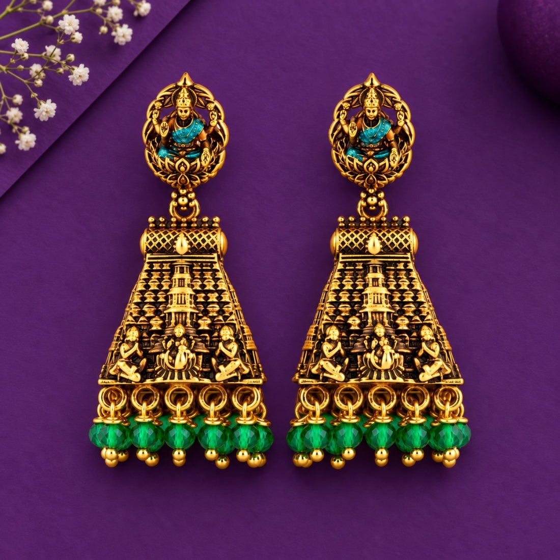 Vedic Gopuram Lakshmi Temple Gold Plated 925 Silver Jhumkas