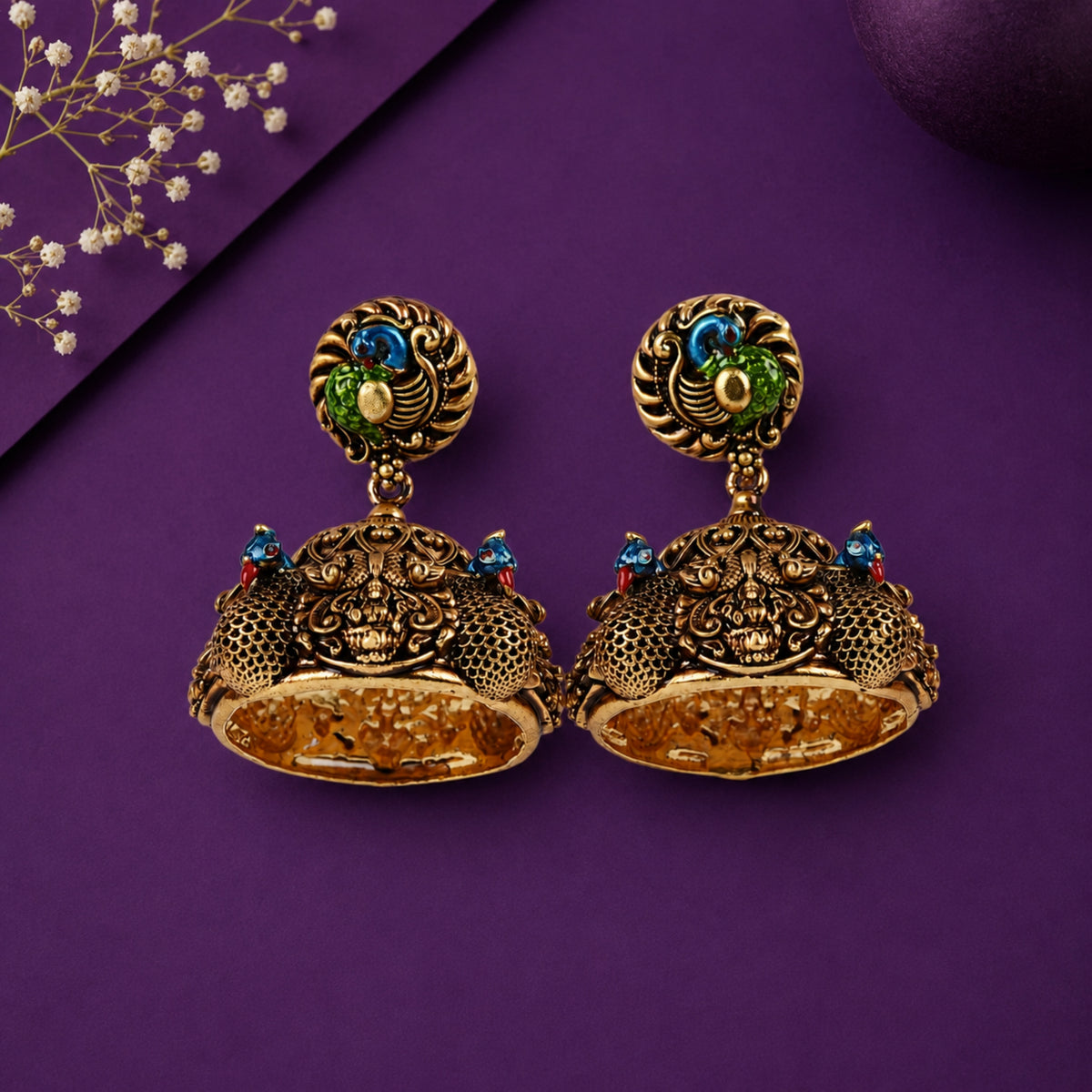 Mayura Mudra Antique 925 Silver Gold-Plated Jhumkas