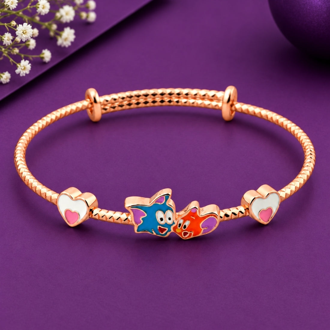 Tom & Jerry Playful Companions 925 Sterling Silver Adjustable Kids Kada Pair (Rose Gold Finish)