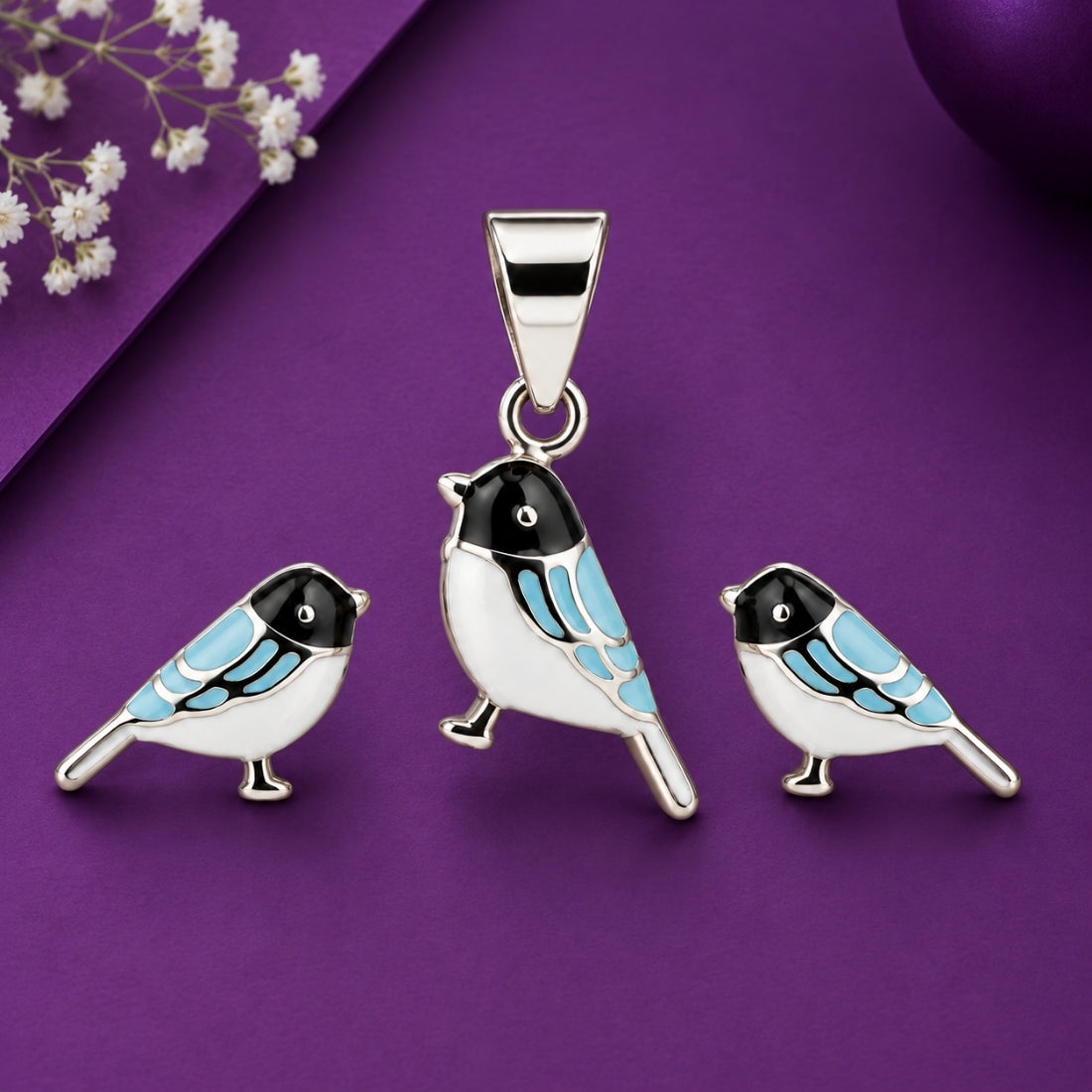 Little Bluebird 925 Sterling Silver Enamel Pendant & Stud Earring Set for Kids