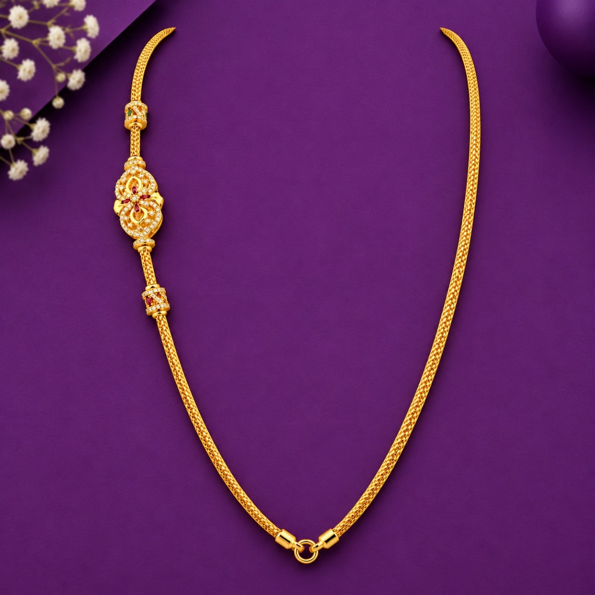 Traditional All-Gold Floral Filigree 925 Sterling Silver Gold Plated Thali Chain