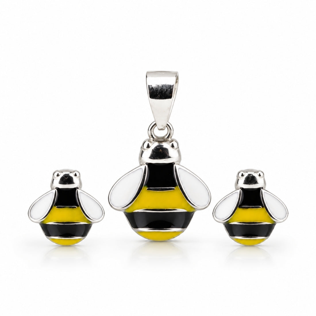 Busy Bee 925 Sterling Silver Enamel Pendant & Stud Earring Set for Kids