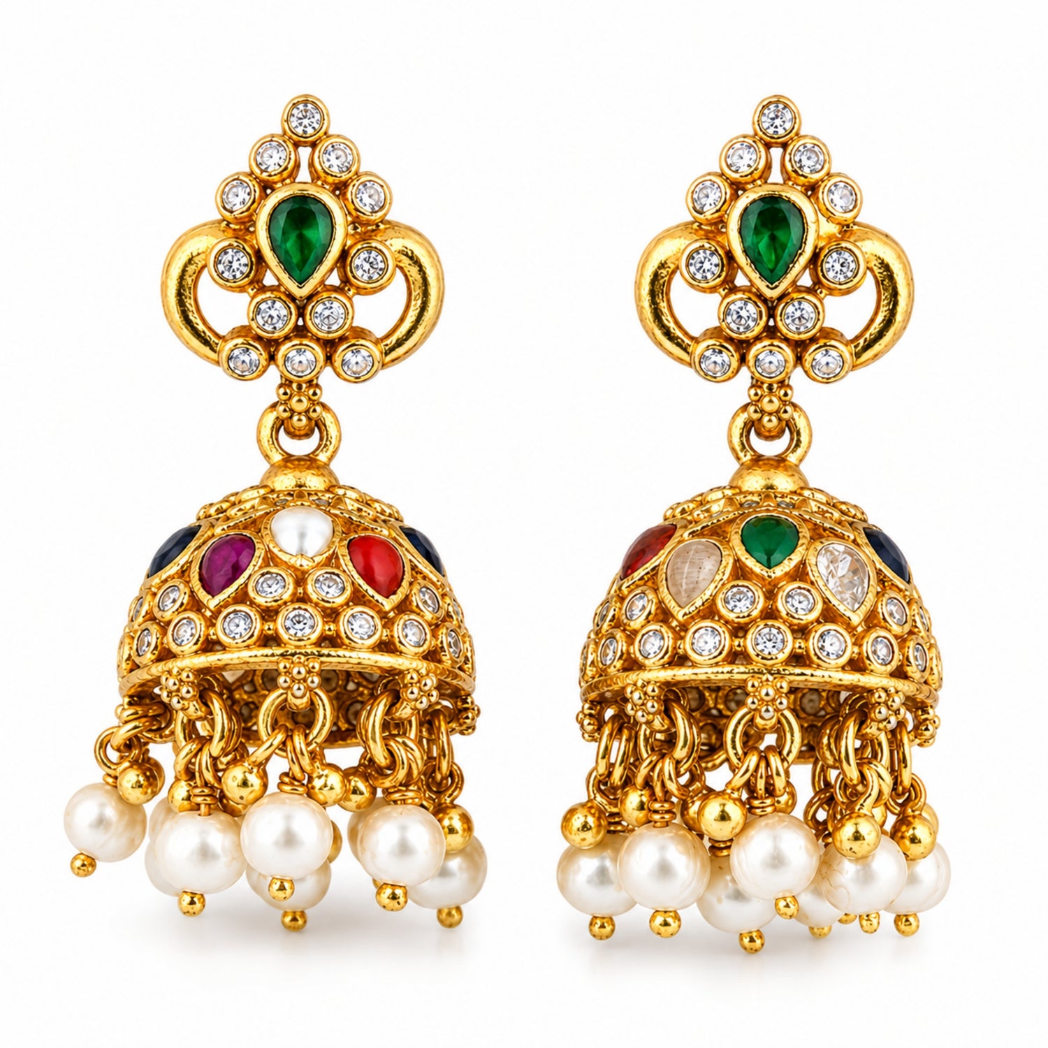 The Navaratna Pearl Heritage Jhumka – 925 Sterling Silver
