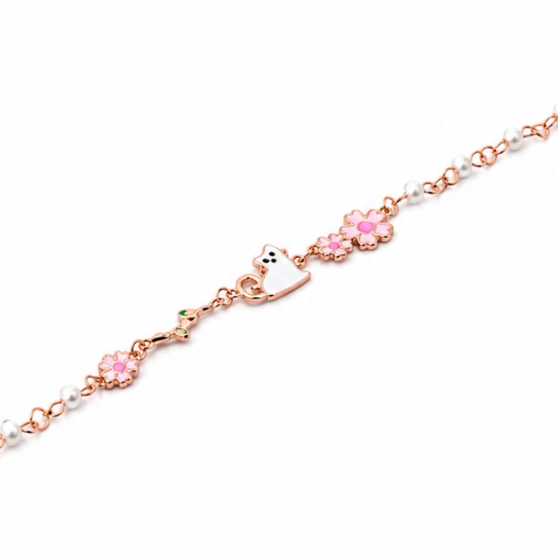 Floral Kitty Pearl 925 Silver Bracelet