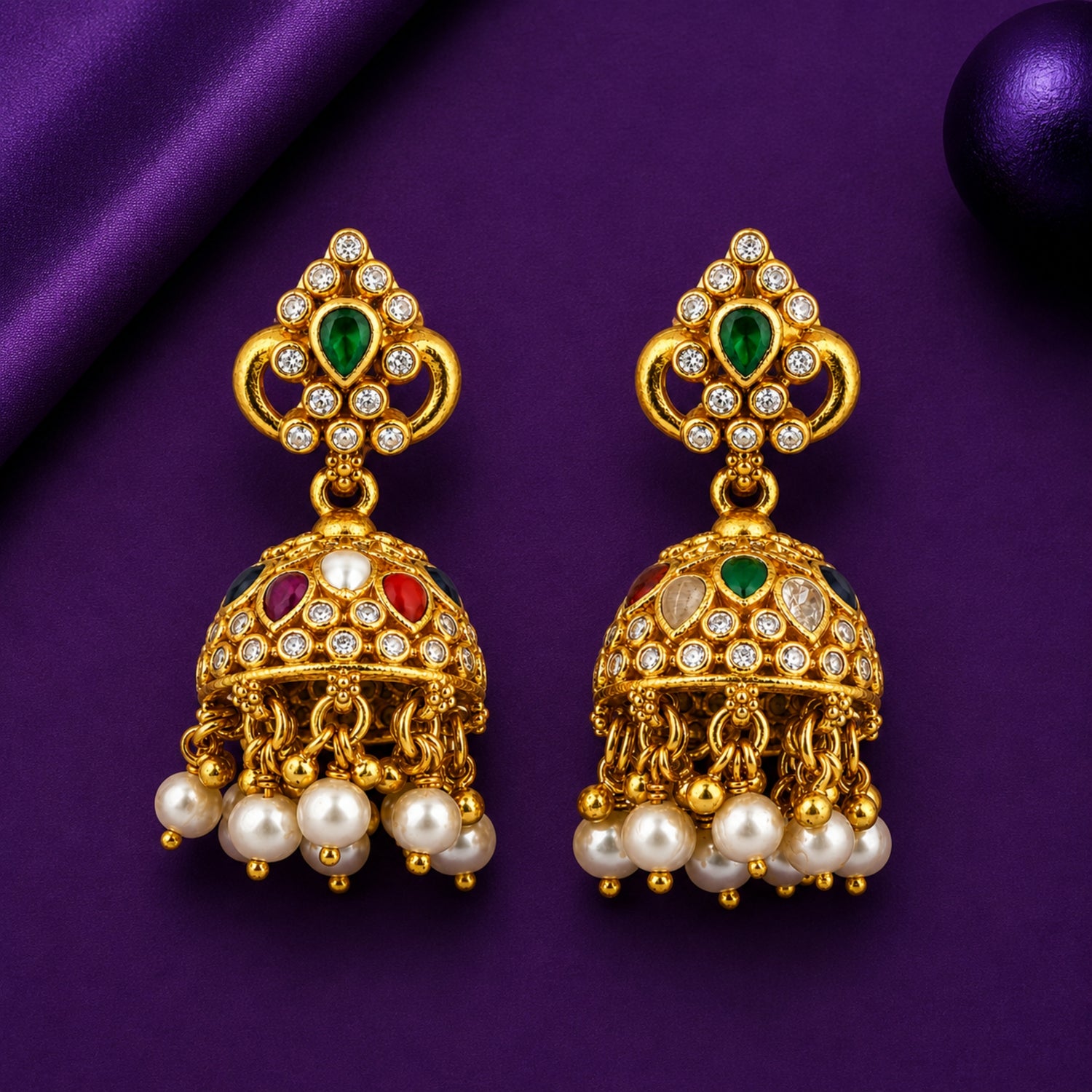 The Navaratna Pearl Heritage Jhumka – 925 Sterling Silver