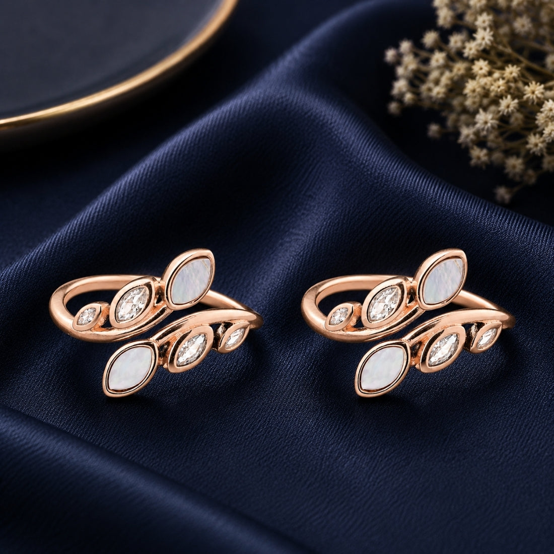 Rose Gold Luminous Willow Leaf Bypass Toe Rings (Pair)
