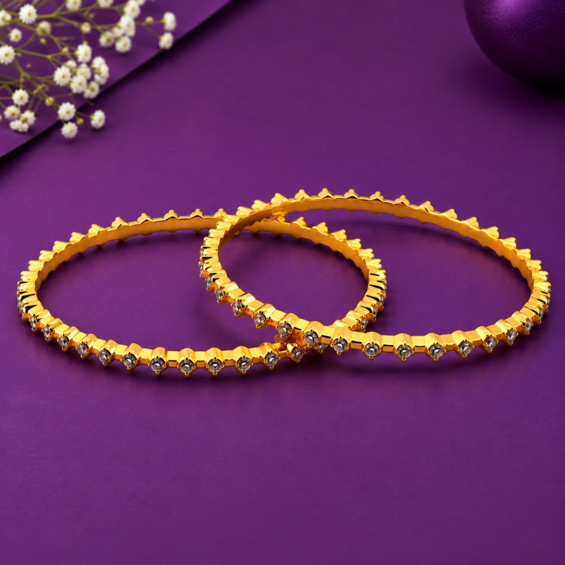 The Celestial Crown Eternity Chevron Bangles (Set of 2 in 925 Sterling Silver with Radiant 24K Gold Polish)
