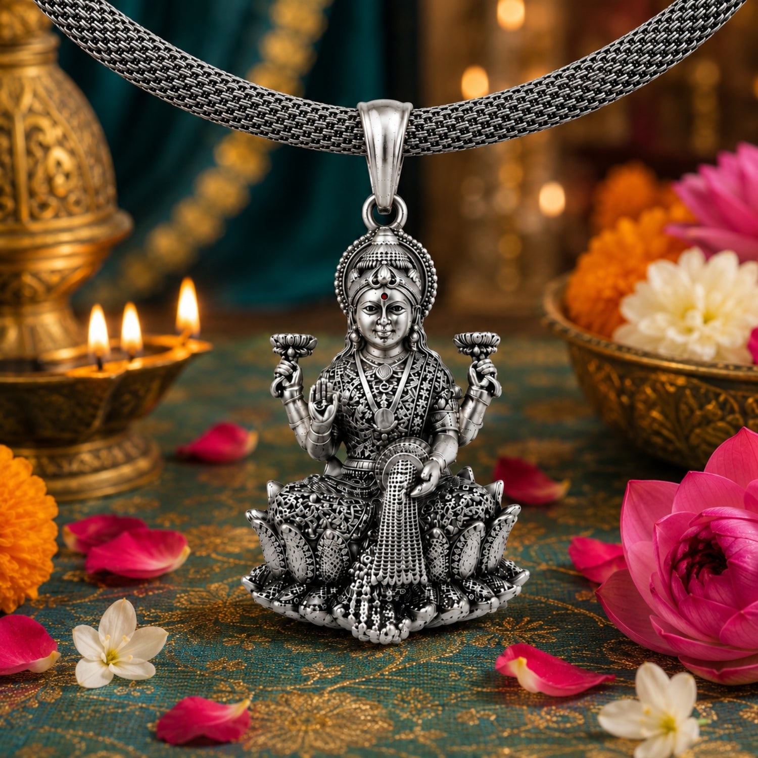 The 925 Sterling Silver Goddess Lakshmi Lotus Throne Pendant