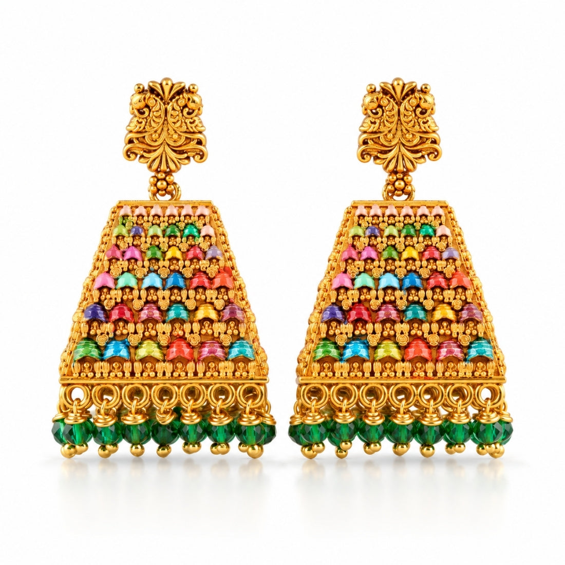 The Mayur Gopuram Navratna-Style Enamel Jhumkas