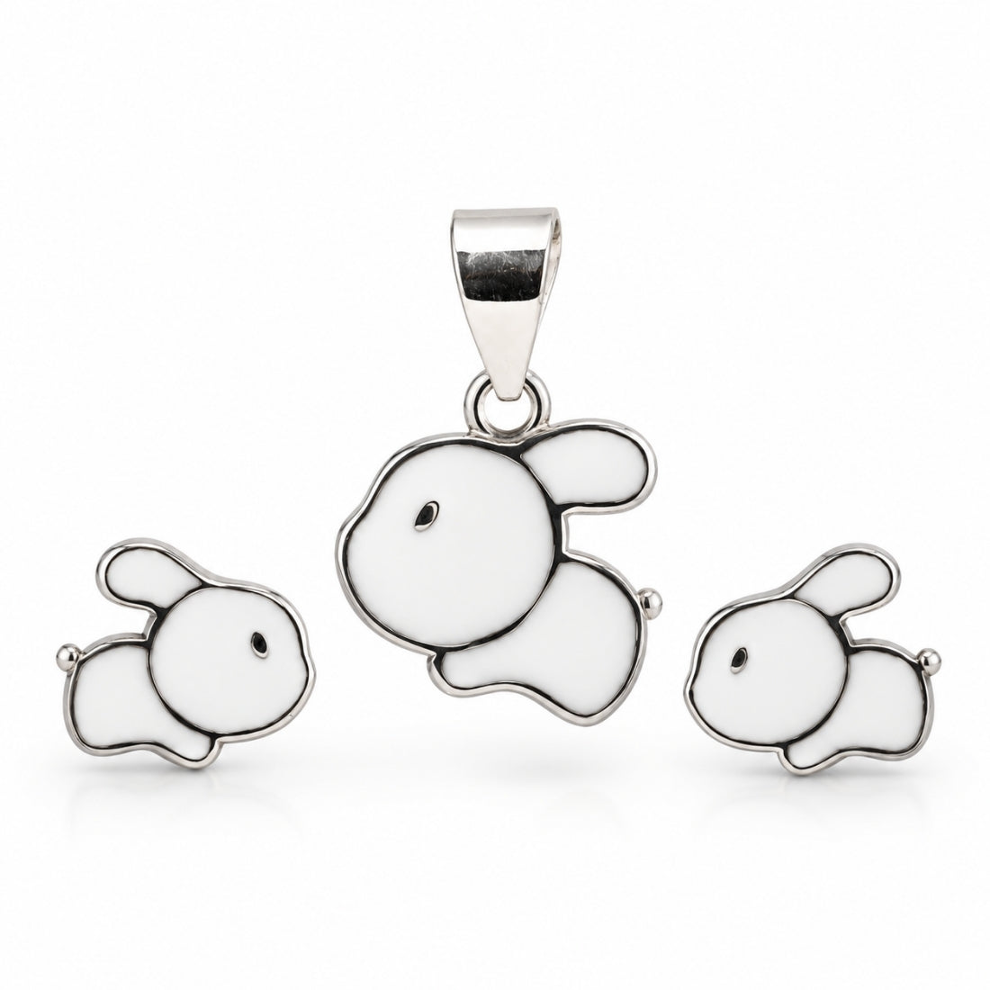 Bouncing Bunny 925 Sterling Silver White Enamel Pendant & Stud Earring Set for Kids