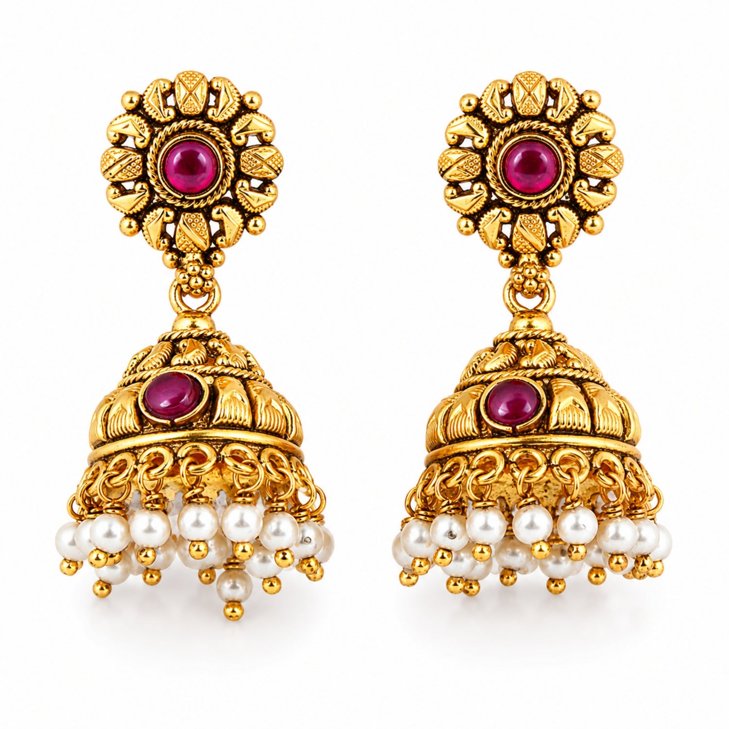 The Mayura Ruby Pearl Jhumka – 925 Sterling Silver