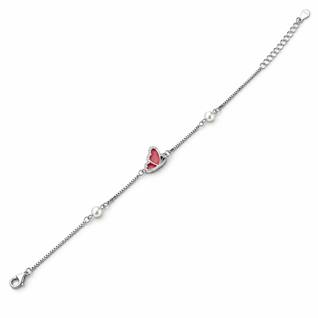 The Ruby Monarch – 925 Silver Pink Enamel Butterfly Bracelet