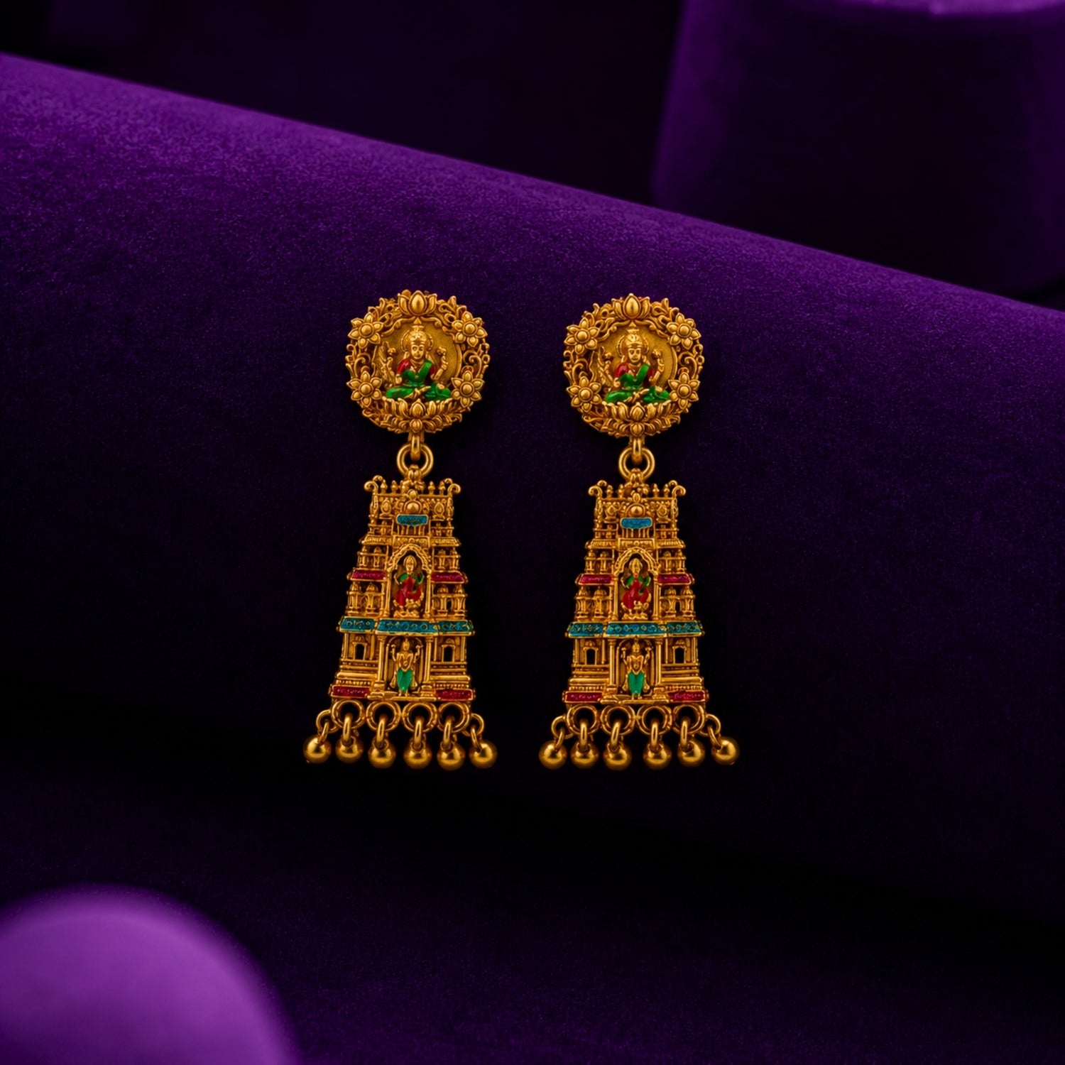 The Gopuram Heritage Enamel Silver Jhumka Gold Polish 925 Silver Jhumka