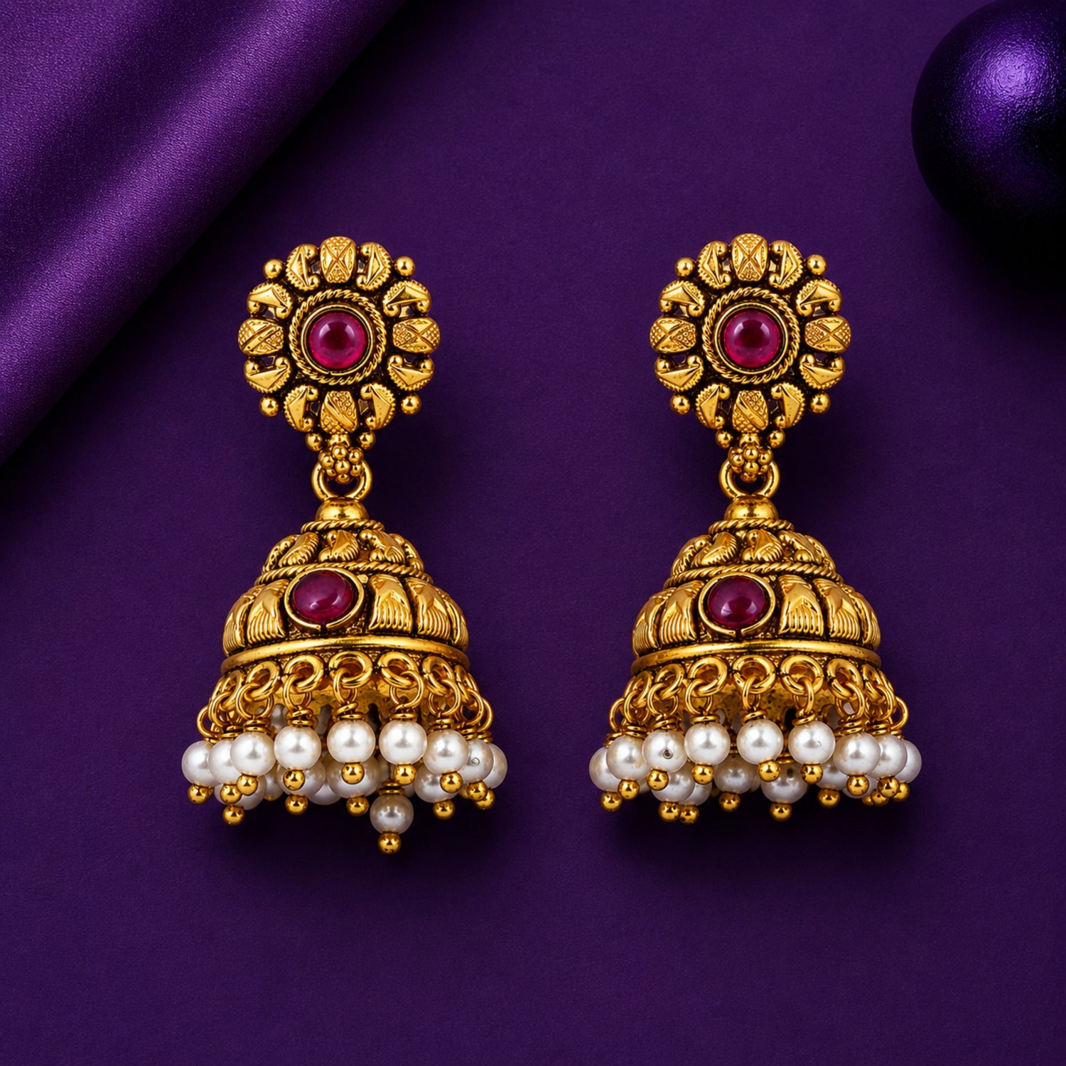 The Mayura Ruby Pearl Jhumka – 925 Sterling Silver