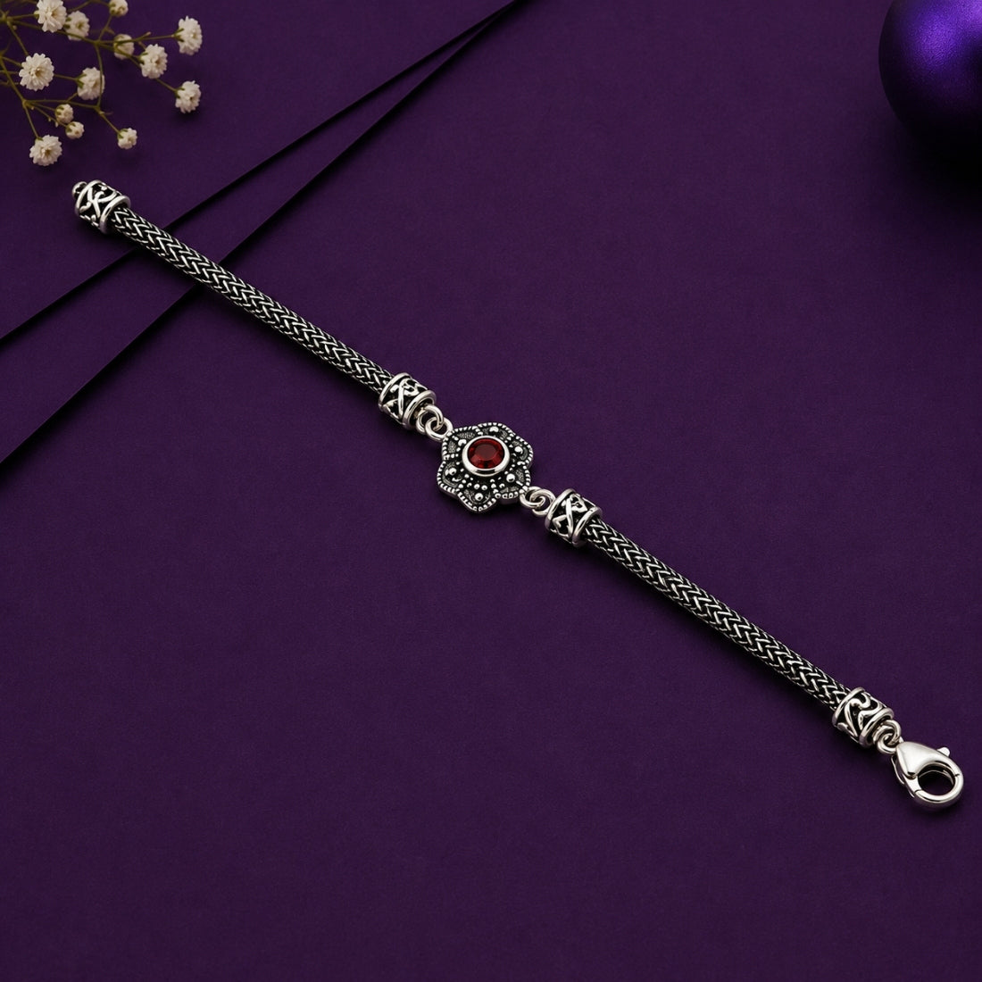 Vintage Oxidized 925 Silver Rosette Mesh Bracelet