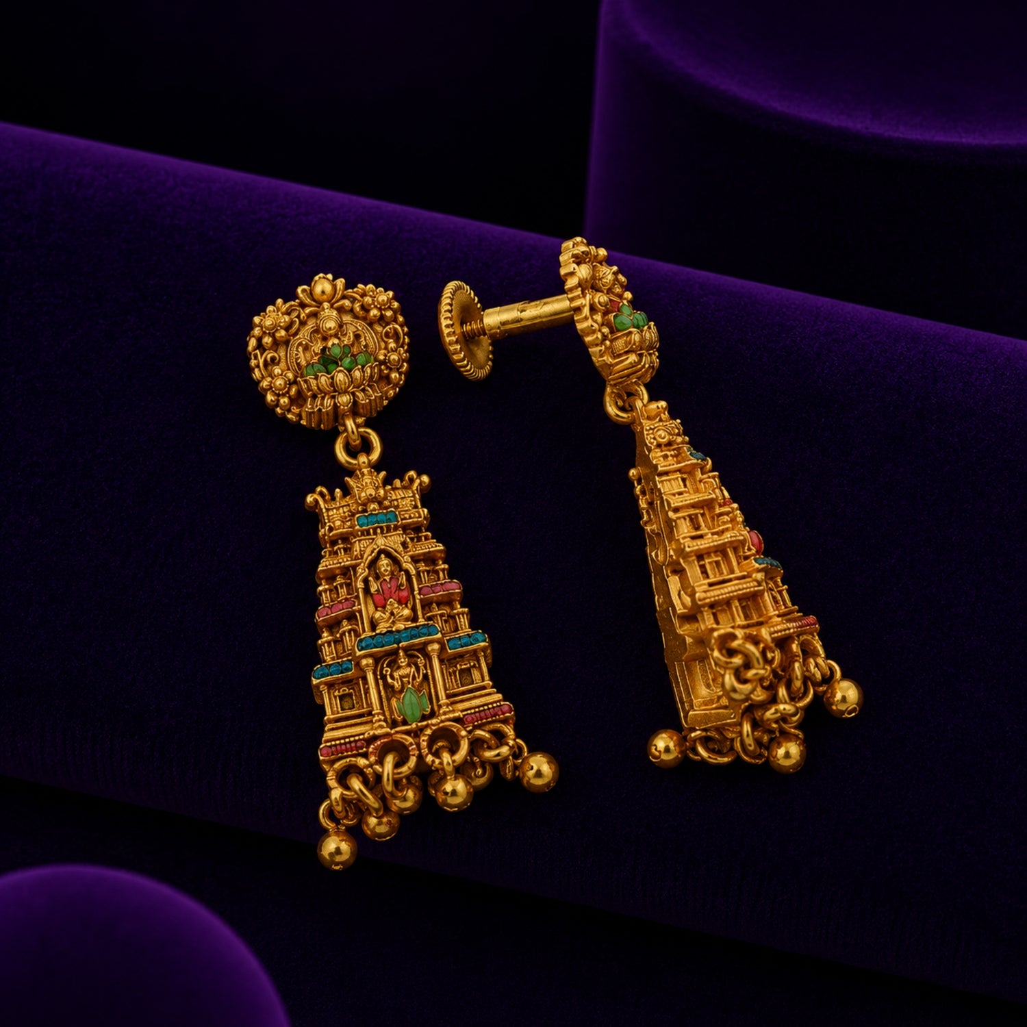 The Gopuram Heritage Enamel Silver Jhumka Gold Polish 925 Silver Jhumka