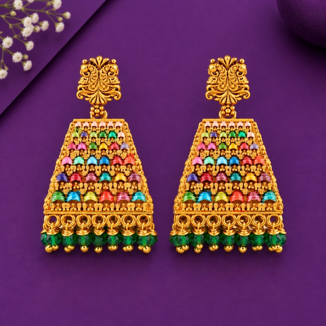 The Mayur Gopuram Navratna-Style Enamel Jhumkas