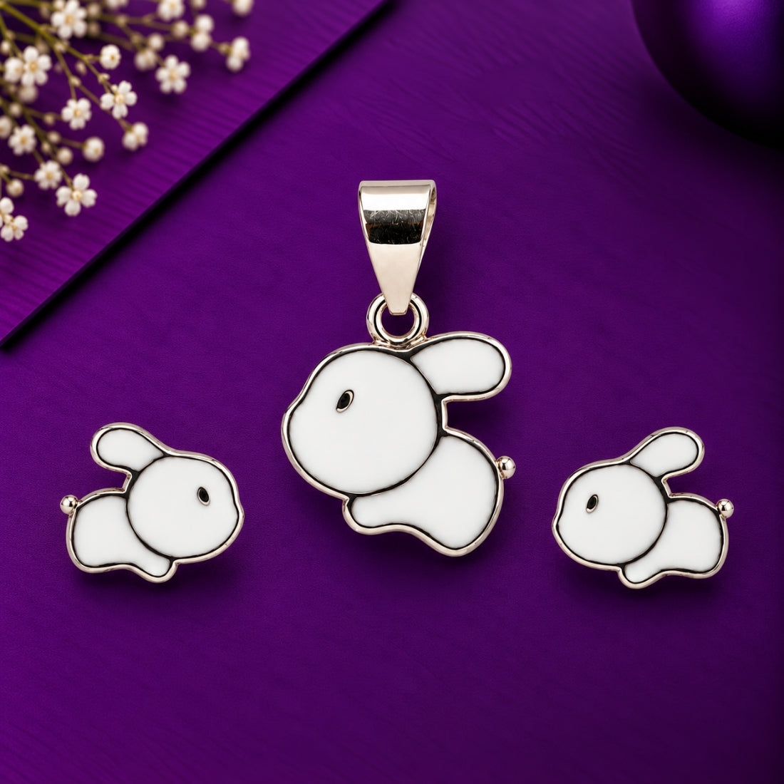 Bouncing Bunny 925 Sterling Silver White Enamel Pendant & Stud Earring Set for Kids