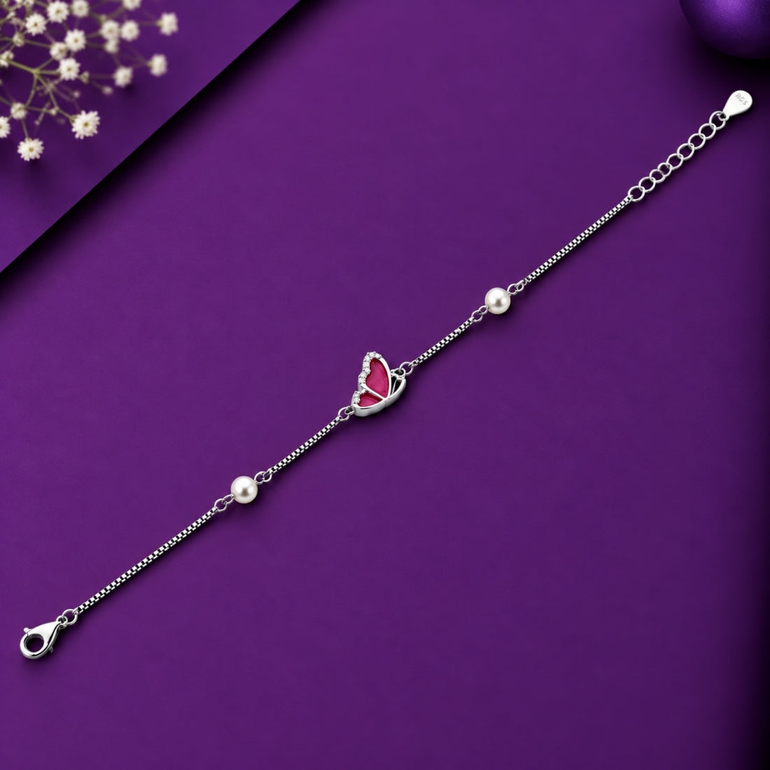 The Ruby Monarch – 925 Silver Pink Enamel Butterfly Bracelet