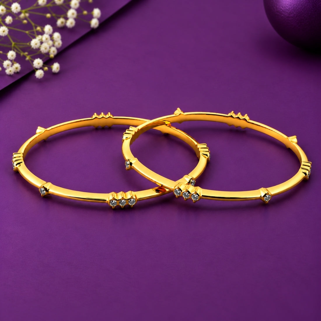 The Regal Bar & Crest Triple-Stone Bangles (Set of 2 in 925 Sterling Silver with Premium 24K Gold Polish)