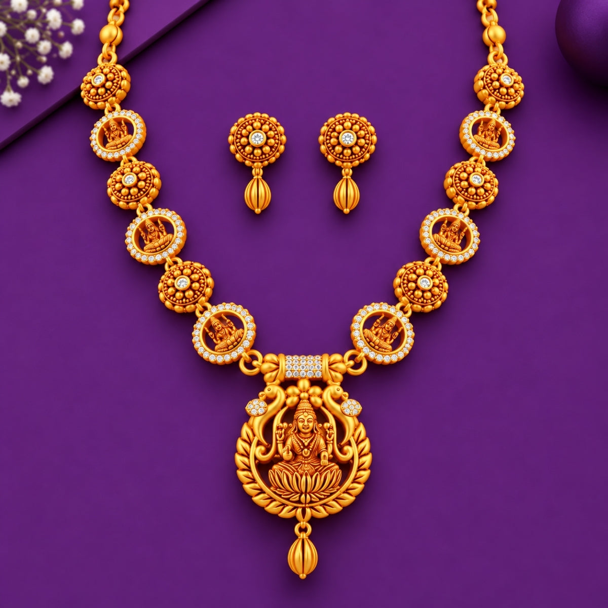 Divine Lakshmi Medallion Heritage 925 Silver Necklace Set