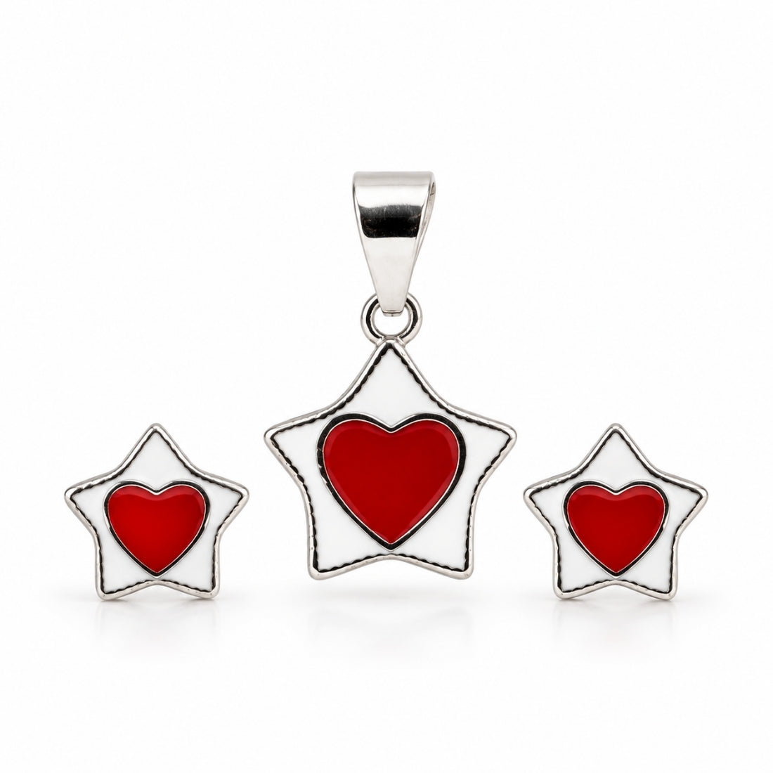Starry Sweetheart 925 Sterling Silver Heart-in-Star Pendant & Stud Earring Set for Kids