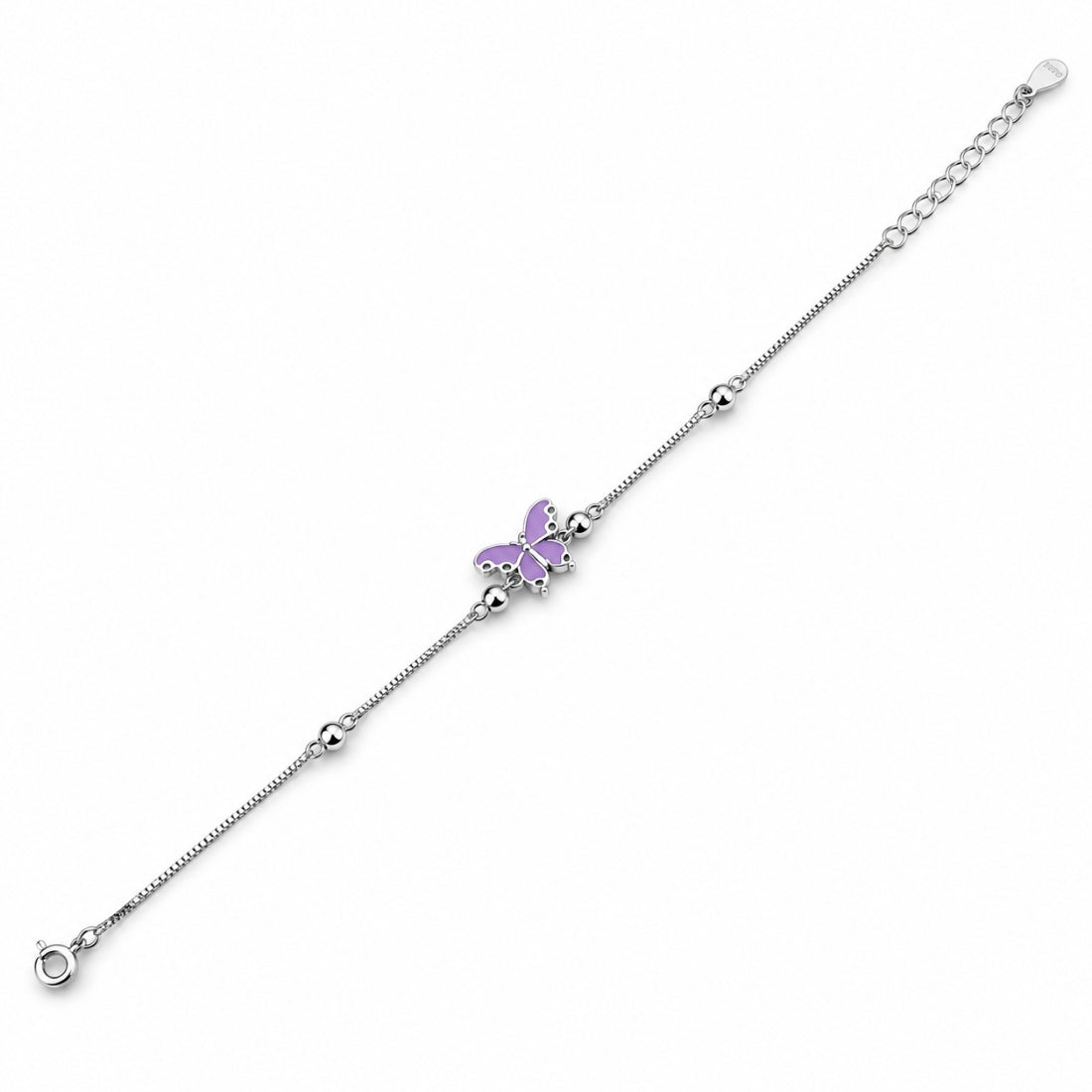 Dainty Silver Lilac Butterfly Charm Adjustable Station Bracelet