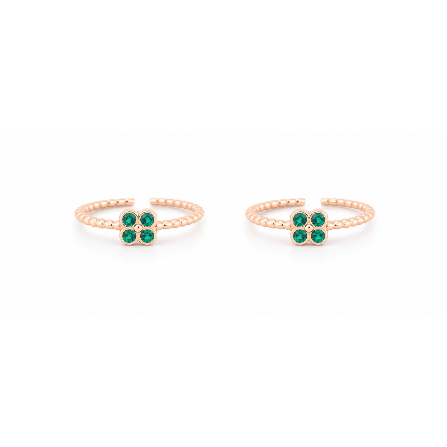 Emerald Four-Leaf Clover Beaded Rose Gold Adjustable Toe Rings