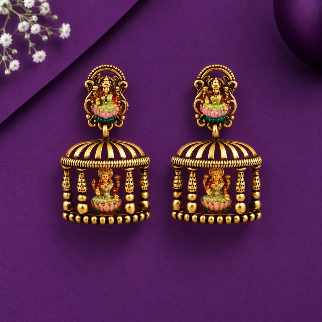 The Lakshmi Cage 925 Silver Antique Gold Jhumkas