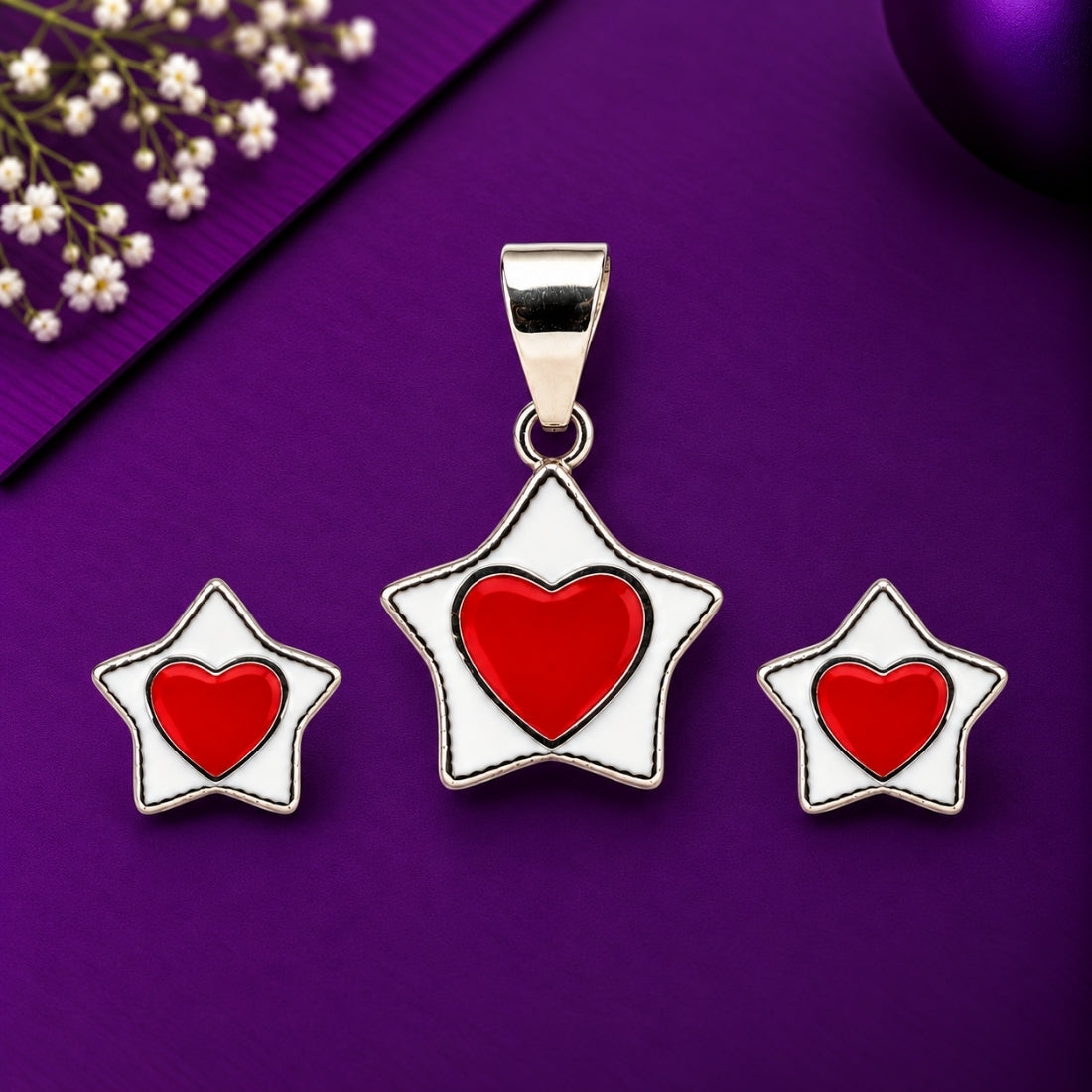 Starry Sweetheart 925 Sterling Silver Heart-in-Star Pendant & Stud Earring Set for Kids