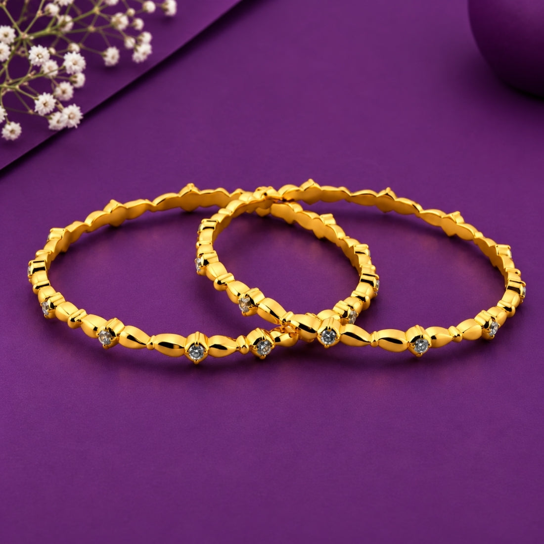 The Regal Marquise Wave Solitaire Bangles (Set of 2 in 925 Sterling Silver with Premium 24K Gold Polish)