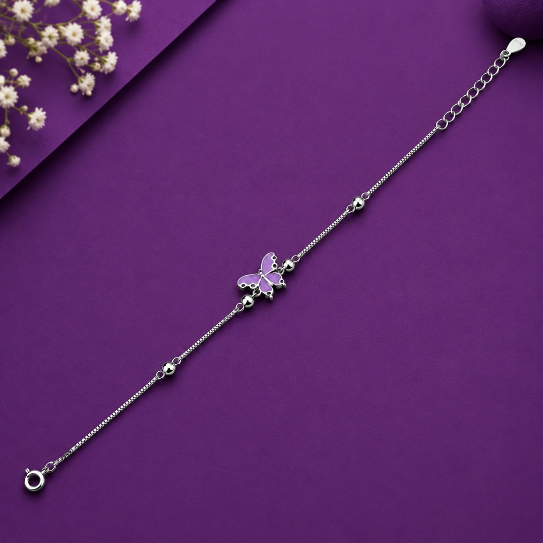 Dainty Silver Lilac Butterfly Charm Adjustable Station Bracelet