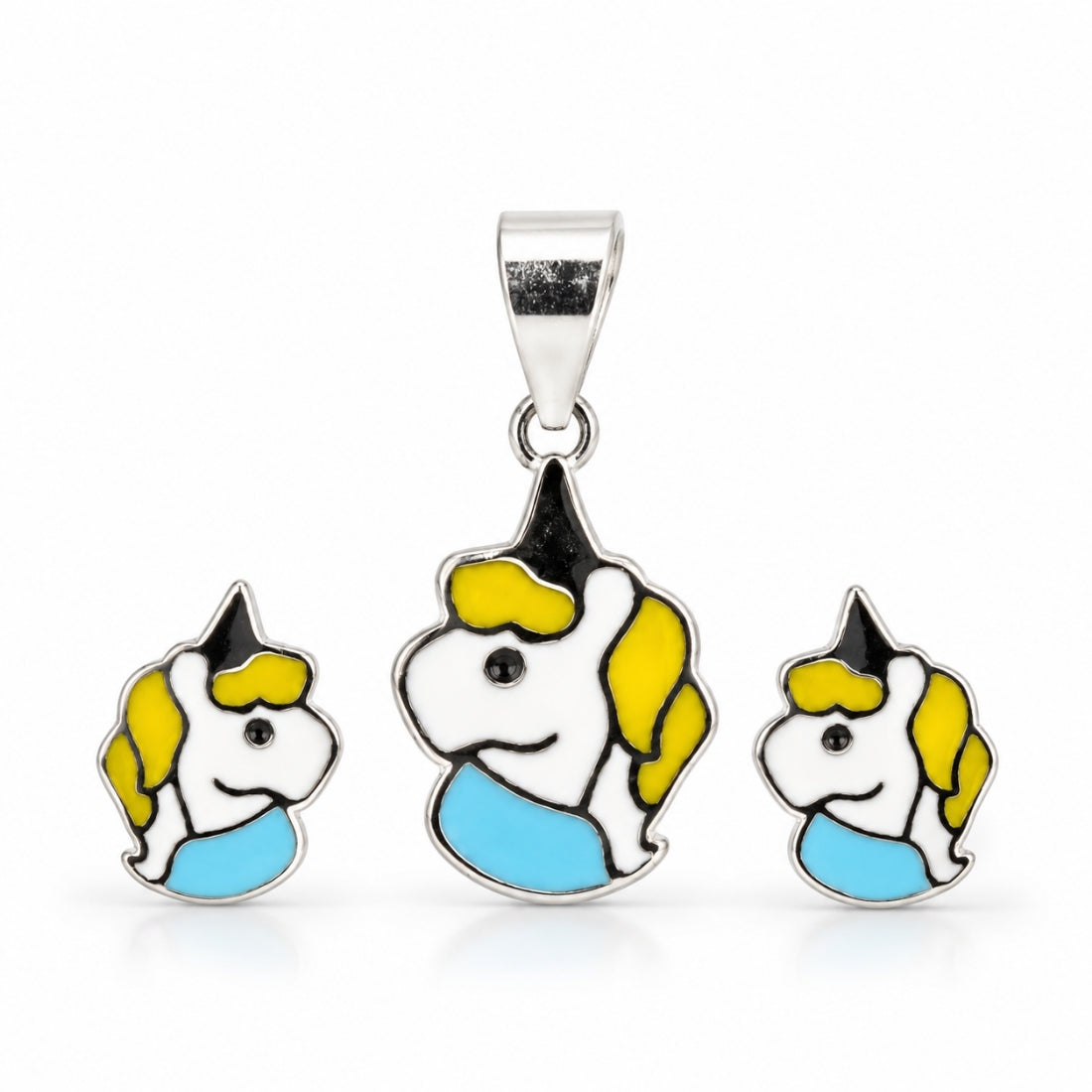 Magical Unicorn 925 Sterling Silver Pastel Enamel Pendant & Stud Earring Set for Kids