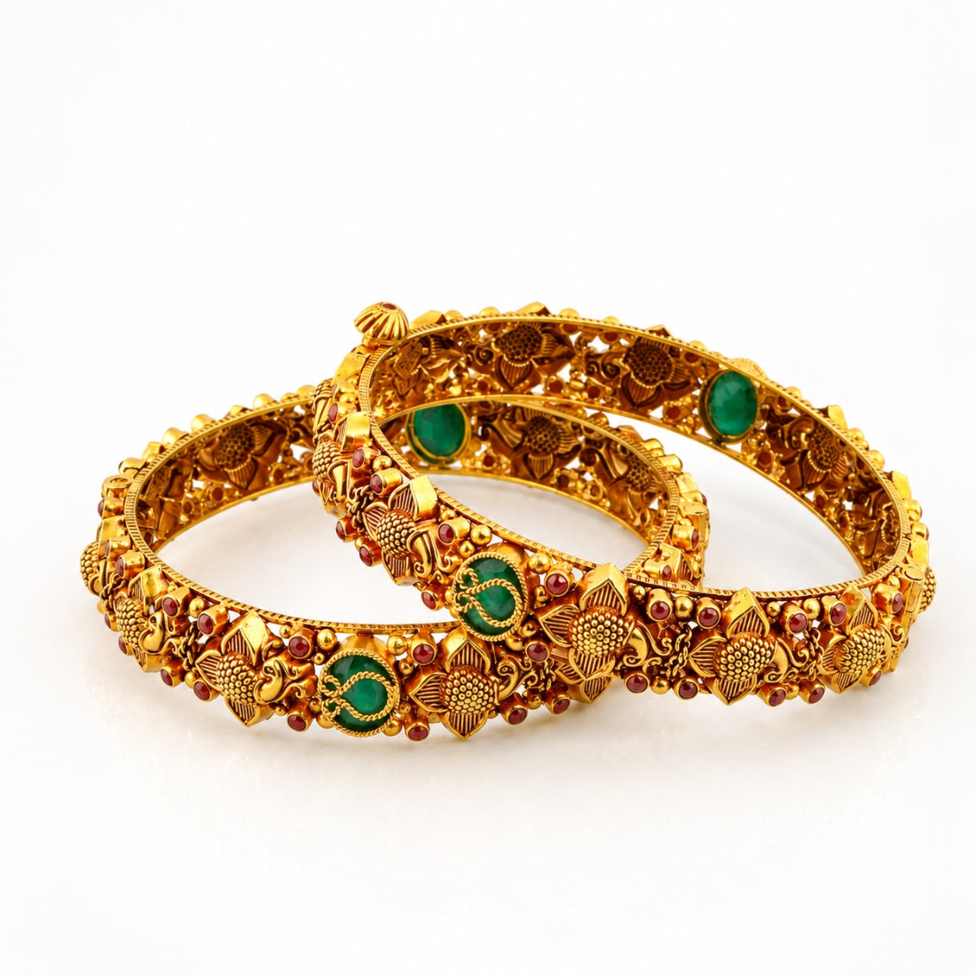 Vintage Emerald Green & Gold Embossed Lotus Nakshi 925 Silver Bangles