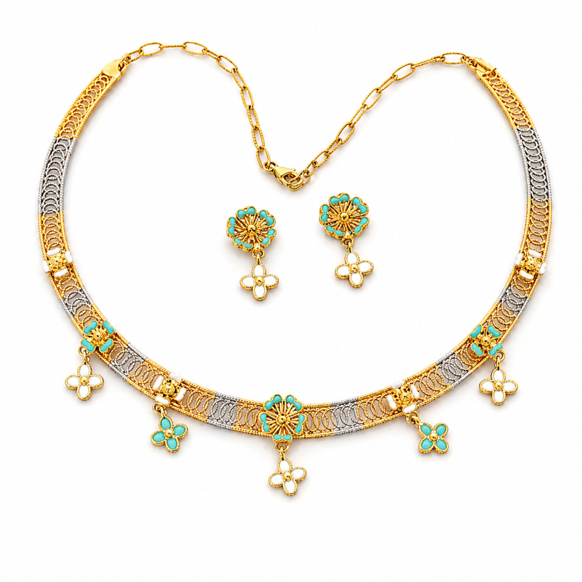 Vasantika Blossom 925 Sterling Silver Enamel Choker & Earring Set