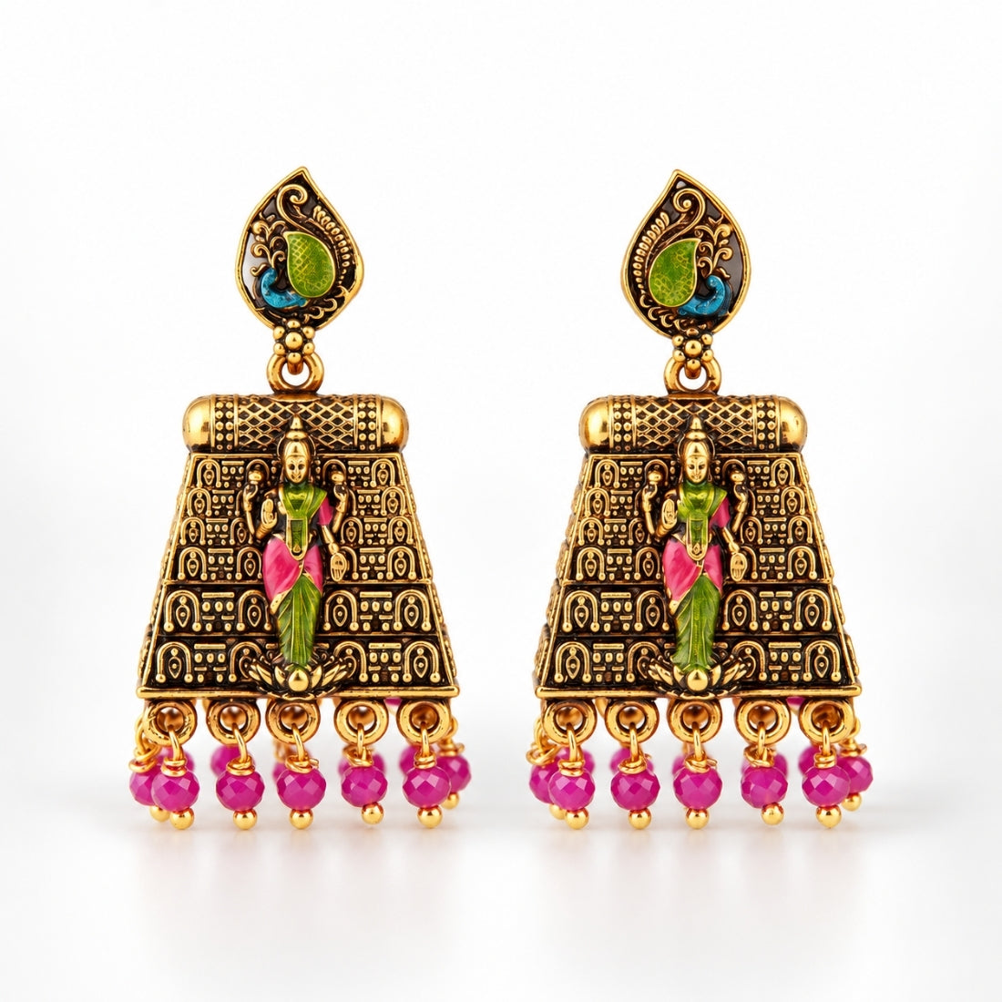 The Divine Lakshmi & Mayura Antique Temple 925 Silver Earrings