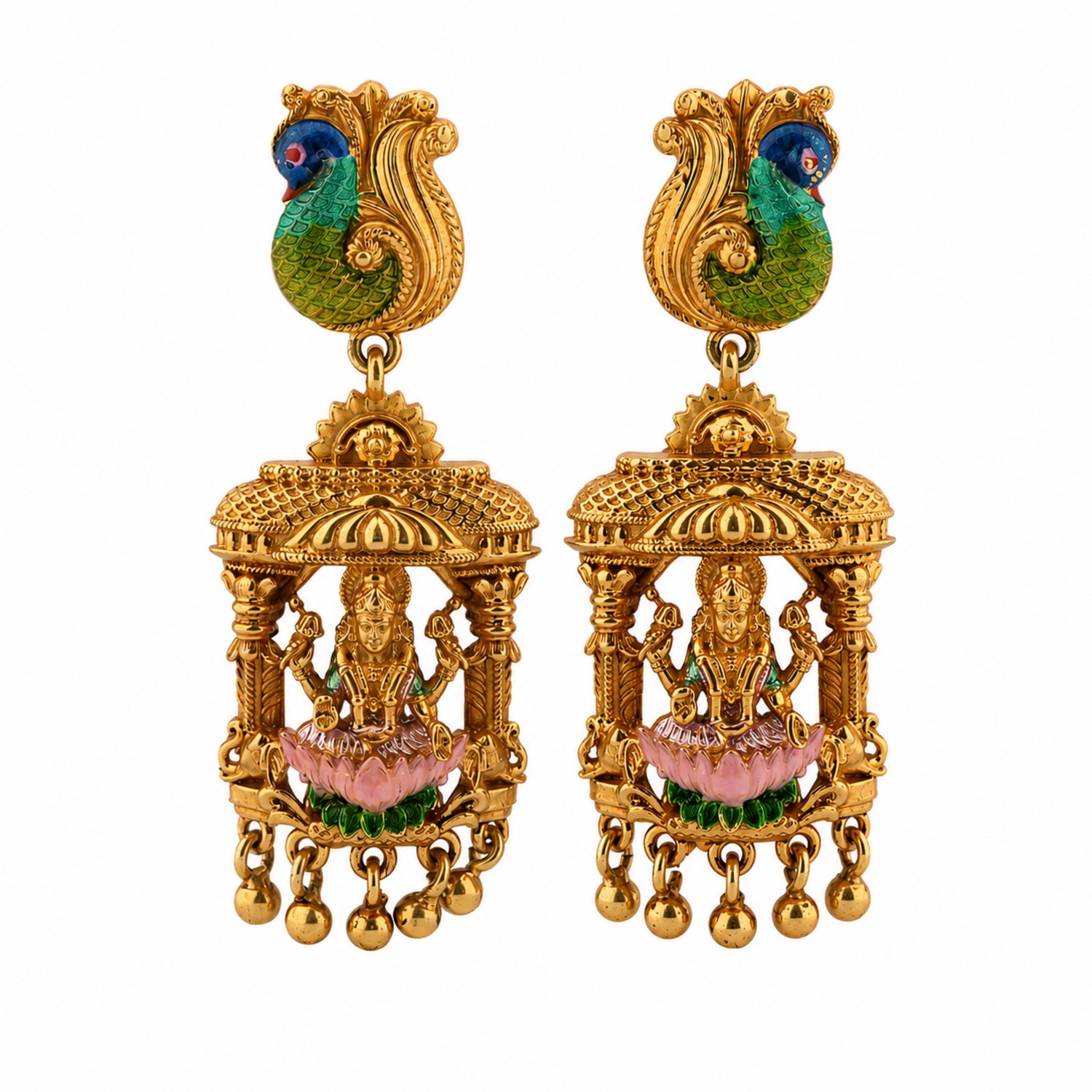 Imperial Peacock & Lakshmi Mandap Gold-Plated 925 Silver Drops